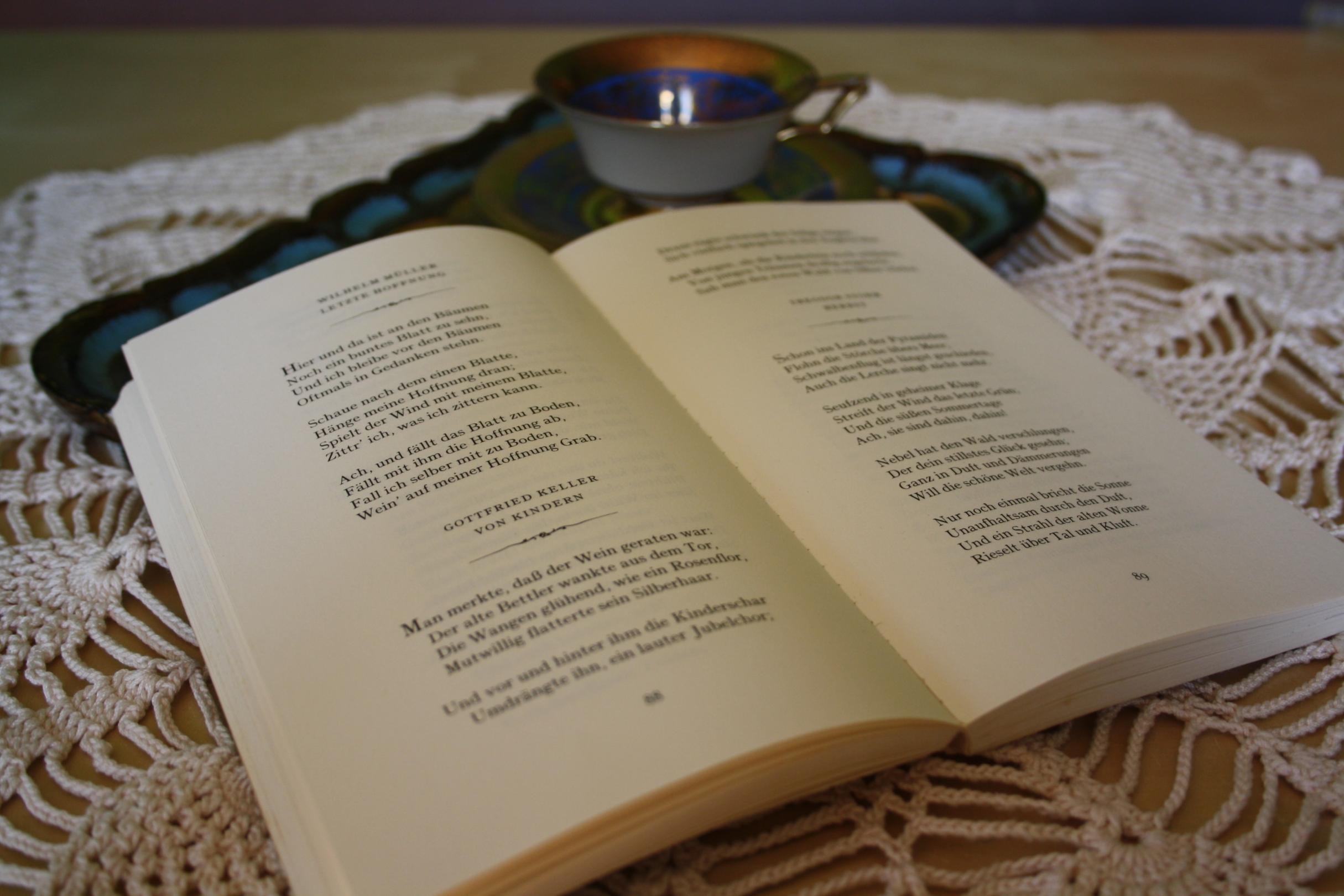 Aufgeschlagenes Buch auf Tisch