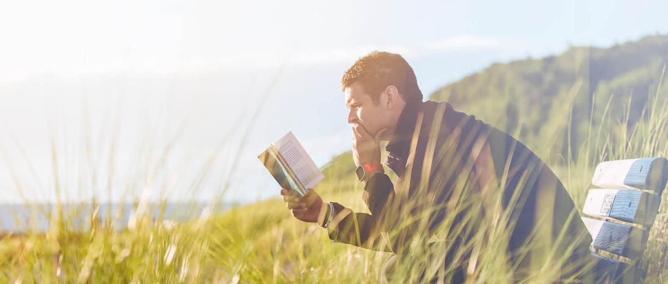 Mann mit Buch auf einer Bank in einer Wiese